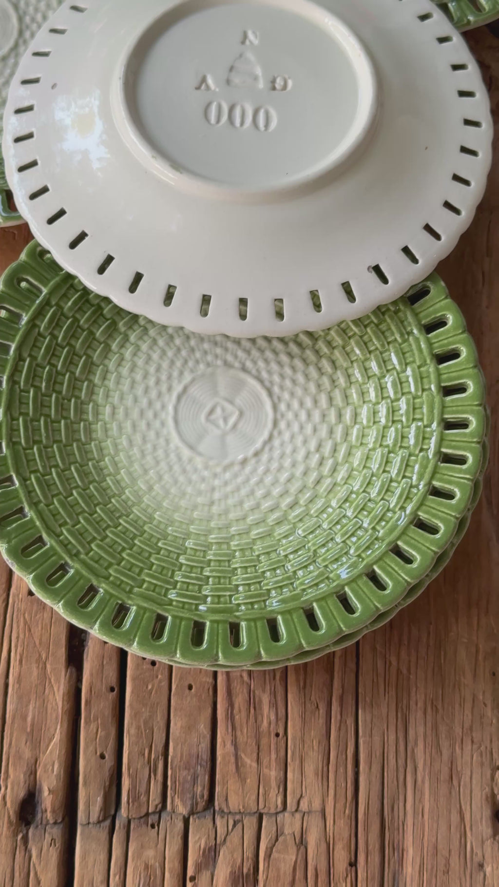 Vintage Moss Green Ceramic Basketweave Plates, set of 5